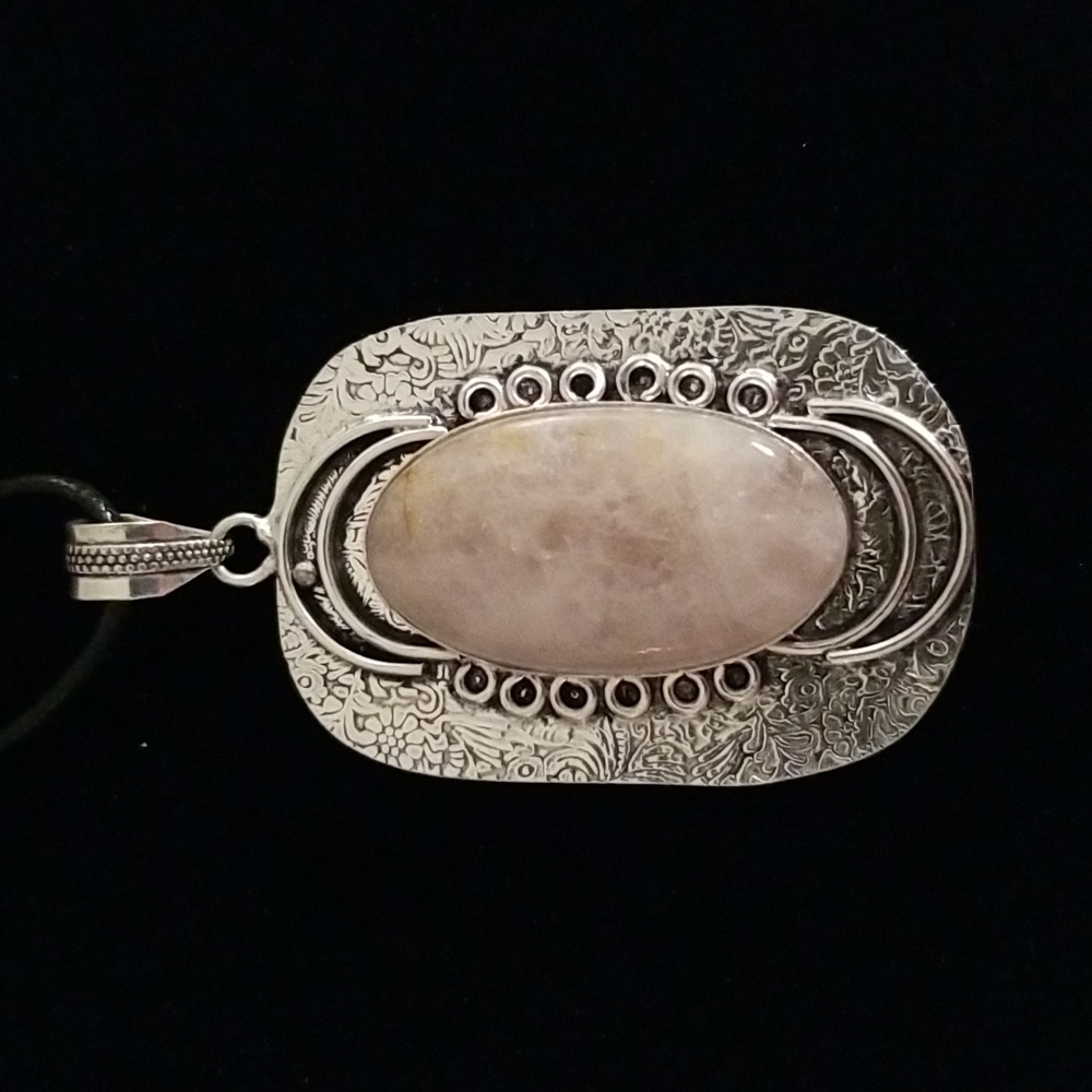 Extra Large Rose Quartz on Detailed Metal Pendant with black cord